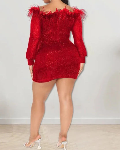 Sequins Feather Slash Mini Dress