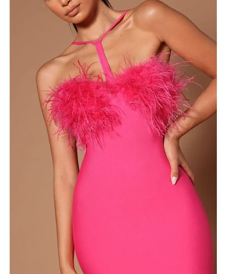 Feather Cut Out Hot Pink Black Mini Dress