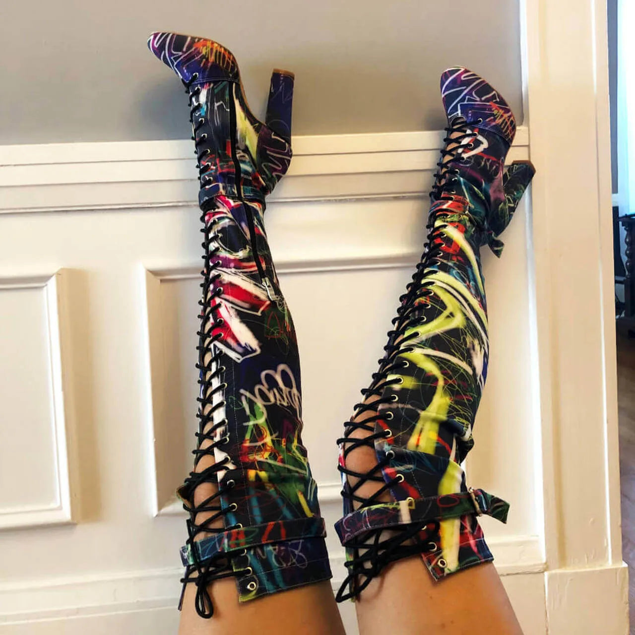 Graffiti Print Closed Toe Lace Up  Heel Boot