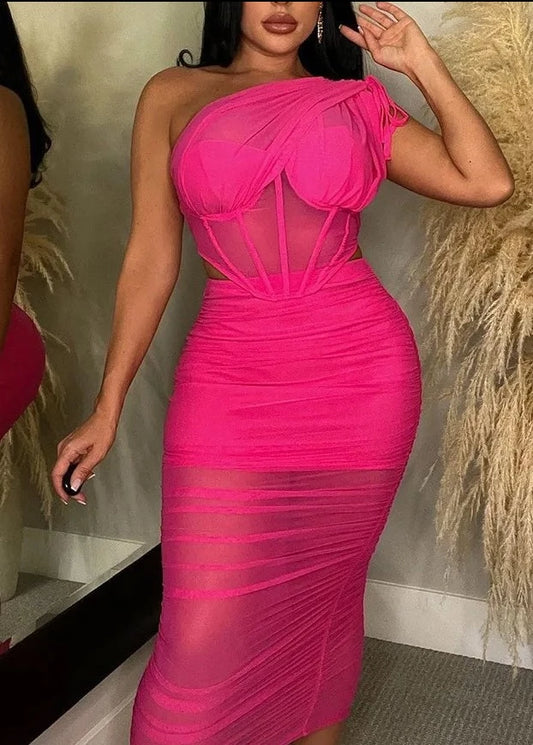 Women's Single Shoulder Sheer Mesh Top Set Dress