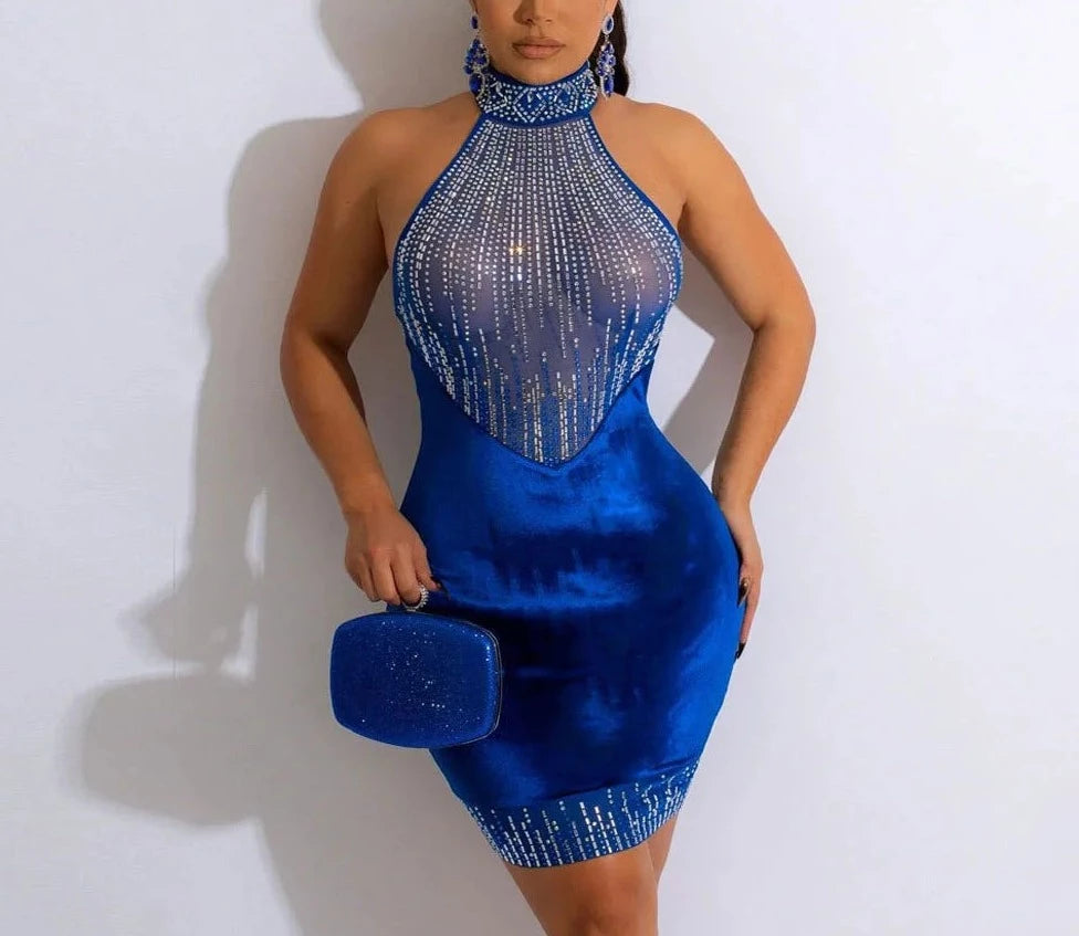 Mesh Diamonds Midi Dress -Black