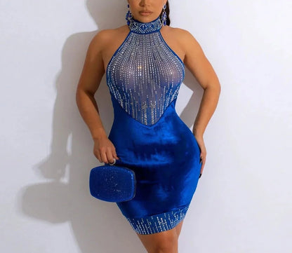 Mesh Diamonds Midi Dress -Black