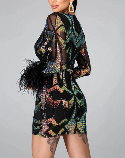 V-neck Dress Fashion Feather Mini dress