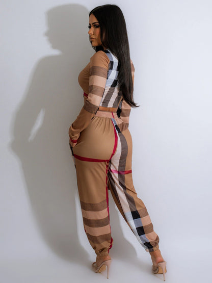 Plaid Print Crop Top + Pants  Sets