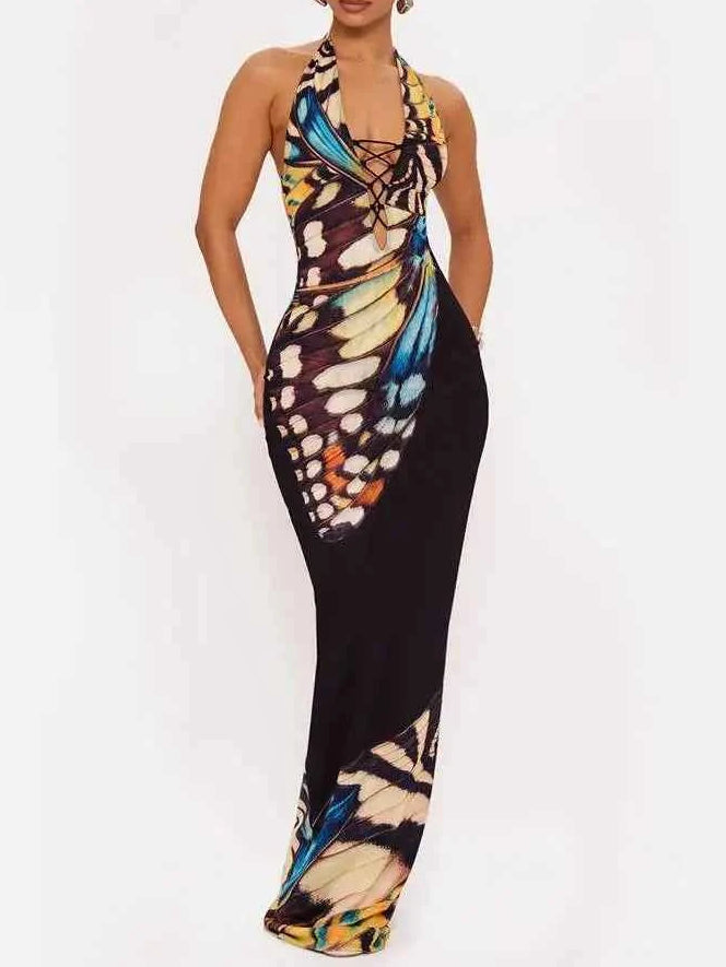Butterfly Print Halter Maxi Dress