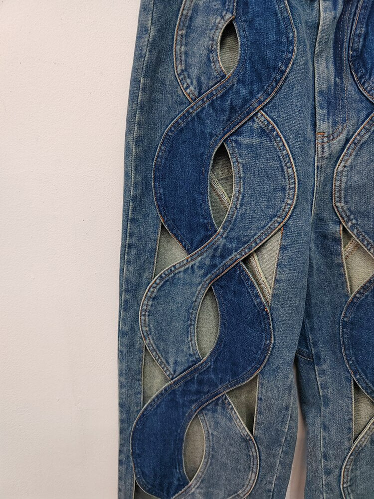 DEAT Fashion Women's Jeans High Waist Cross Contrast Color Hollow Out Metal Button Straight Denim Pants Summer 2023 New 17A8765H EMJP TRENDS