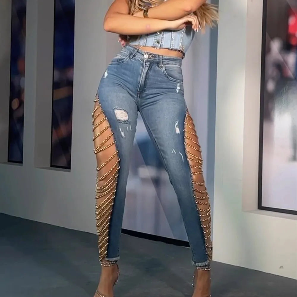 Women's Chain Lace Stitching Jeans