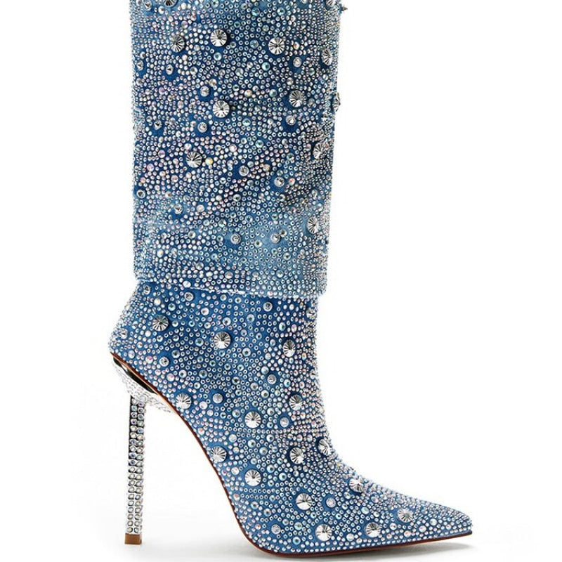 Denim Diamond Metal Thin Heel Boots