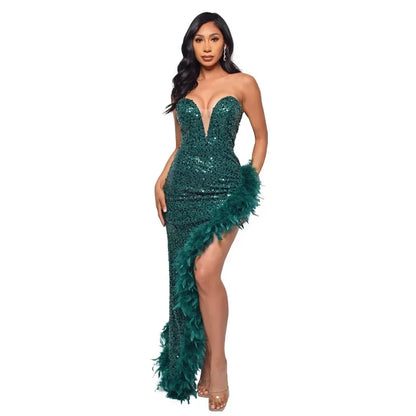 Off Shoulder Sequin Feather Dress