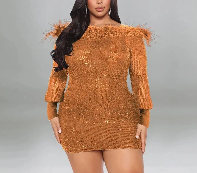 Sequins Feather Slash Mini Dress