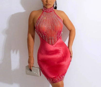 Mesh Diamonds Midi Dress -Black