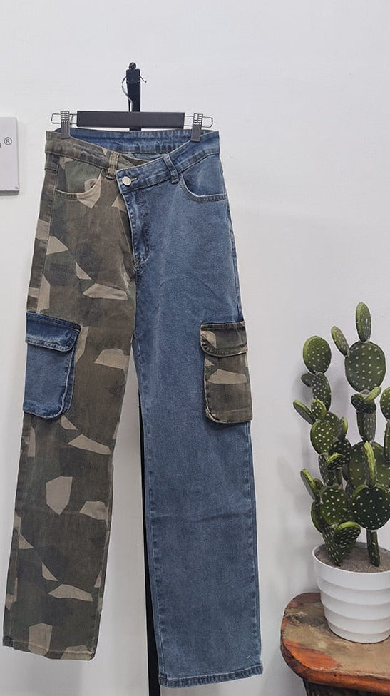 Patchwork High Waist Long Straight Camouflage Denim Pants EMJP TRENDS