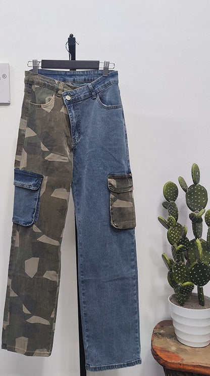 Patchwork High Waist Long Straight Camouflage Denim Pants EMJP TRENDS