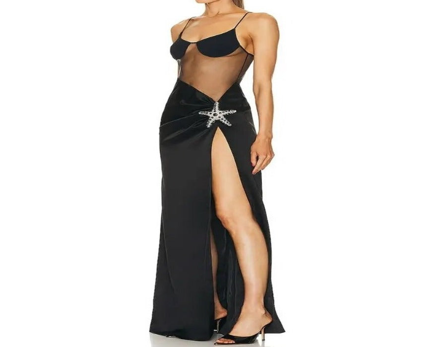 Mesh Splice Tight Fit High Split Long Dress