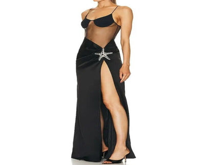Mesh Splice Tight Fit High Split Long Dress