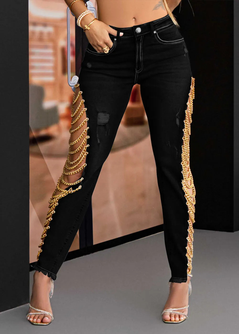 Women's Chain Lace Stitching Jeans