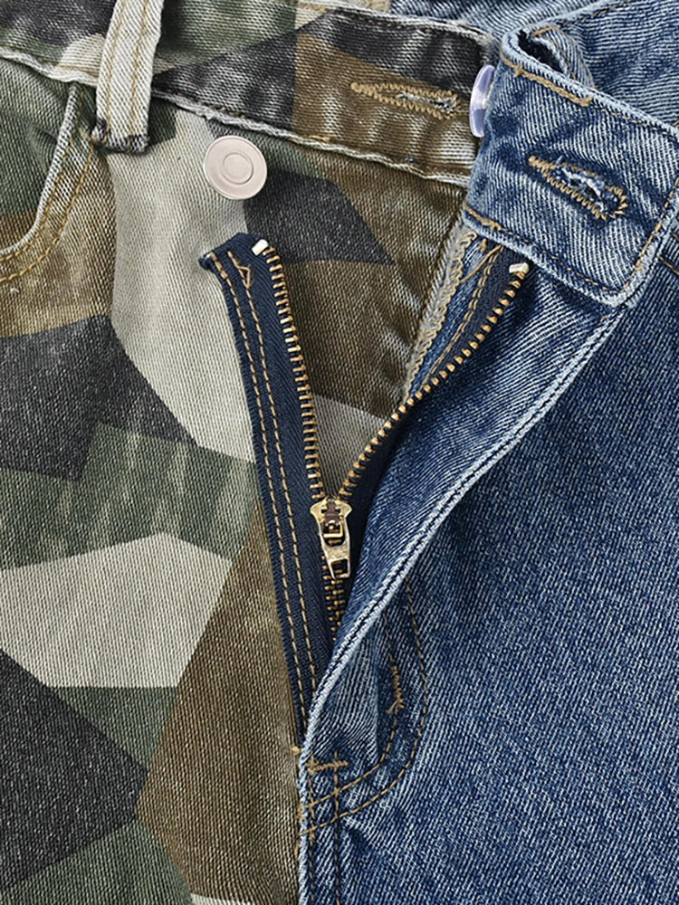 Patchwork High Waist Long Straight Camouflage Denim Pants EMJP TRENDS