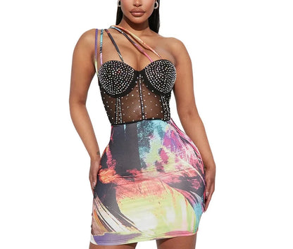 Beaded Strap Mesh Patchwork Dress-Black