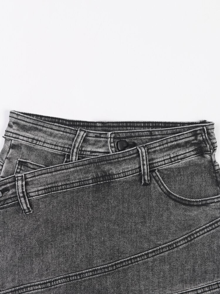 Denim Skirt High Waist Irregular Chain Fake 2 Pcs Mini Grey Skirts EMJP TRENDS