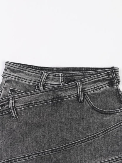 Denim Skirt High Waist Irregular Chain Fake 2 Pcs Mini Grey Skirts EMJP TRENDS
