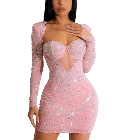 Mesh Rhinestone Backless  Corset Dresses