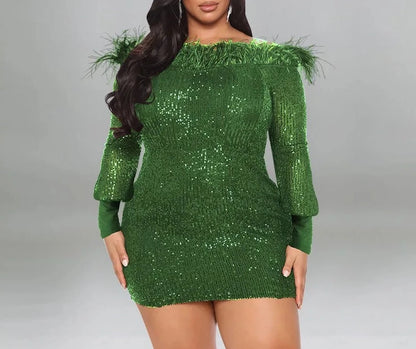 Sequins Feather Slash Mini Dress