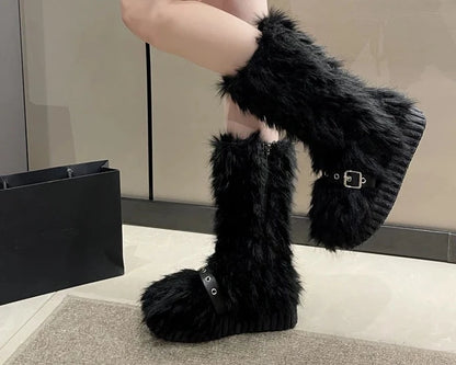 Fur Boots Side Zipper Knee High Booties