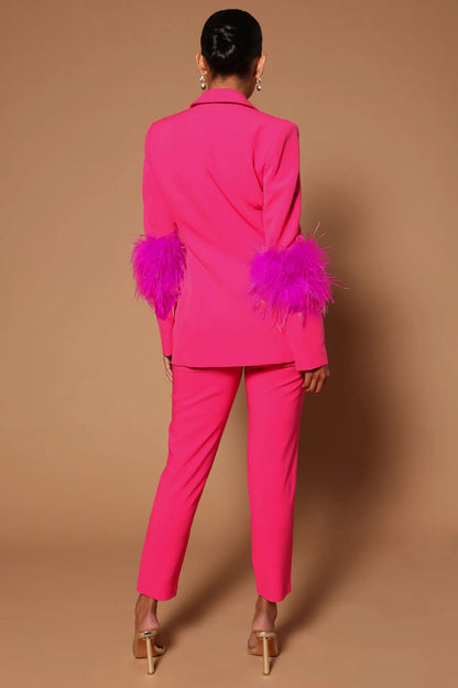 Fur Hem Long Sleeve Blazer Suit and Pants Suits