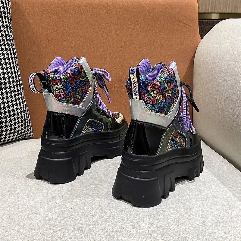 Women High Top Bling Sneakers Lace-up Boots