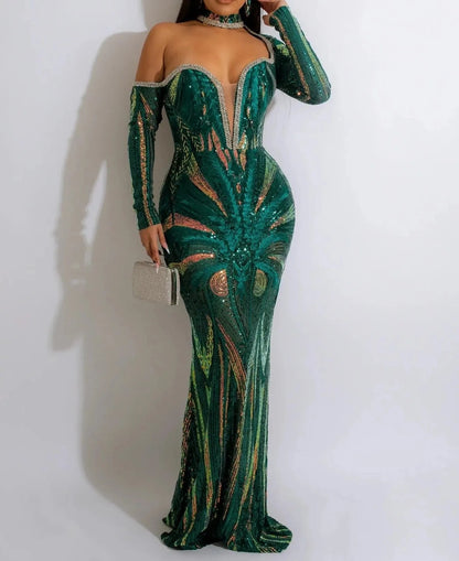 Women's Sequined Halter Neck Bodycon Maxi Dresses