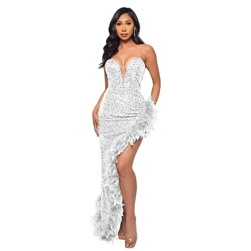 Off Shoulder Sequin Feather Dress
