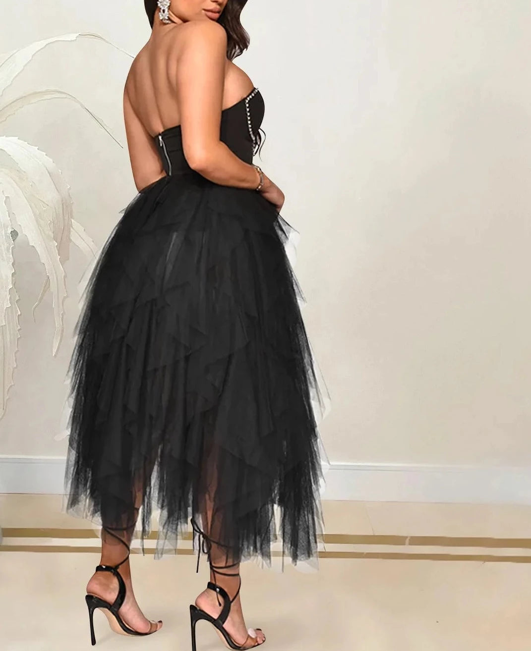 Ruffles Beading Slash Neck Strapless  Maxi Dress