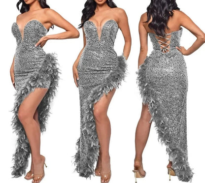 Off Shoulder Sequin Feather Dress