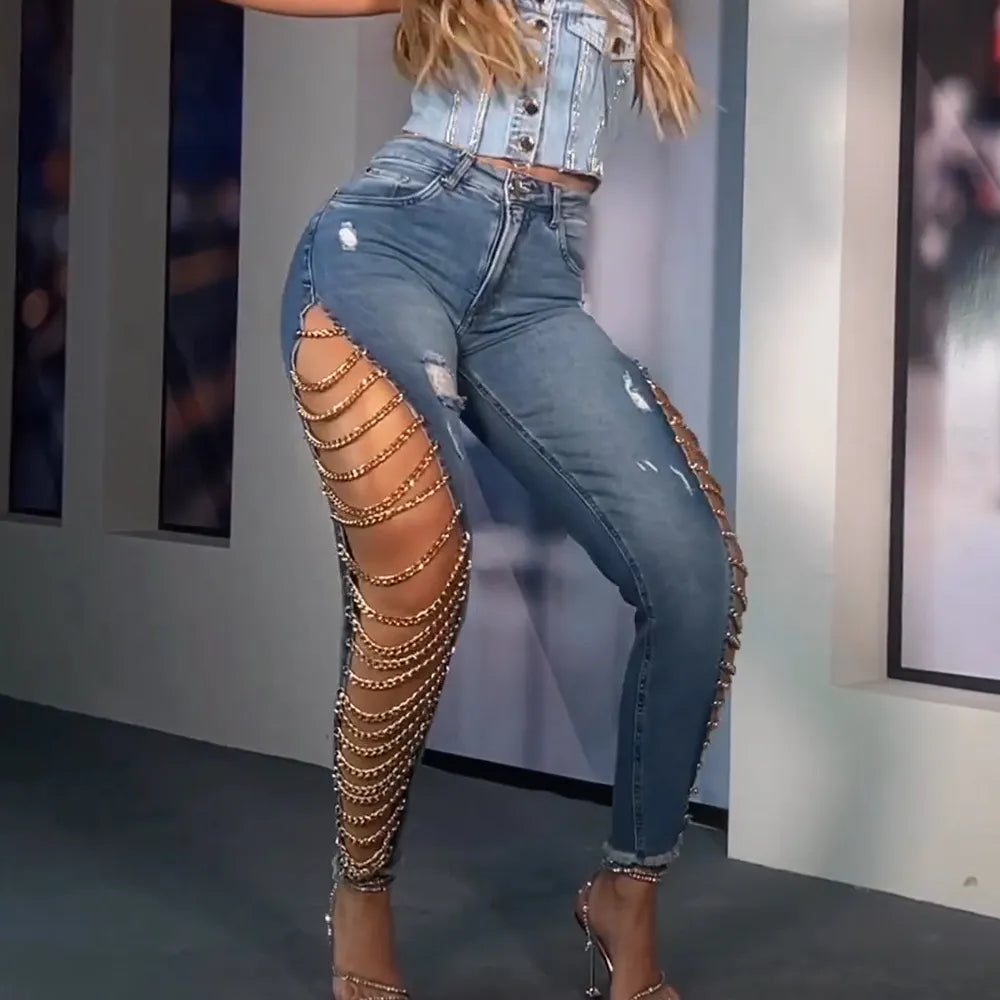 Women's Chain Lace Stitching Jeans