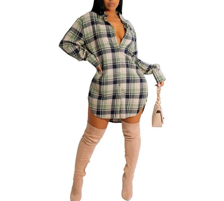 Lapel Dresses Plaid Mini Short Dress