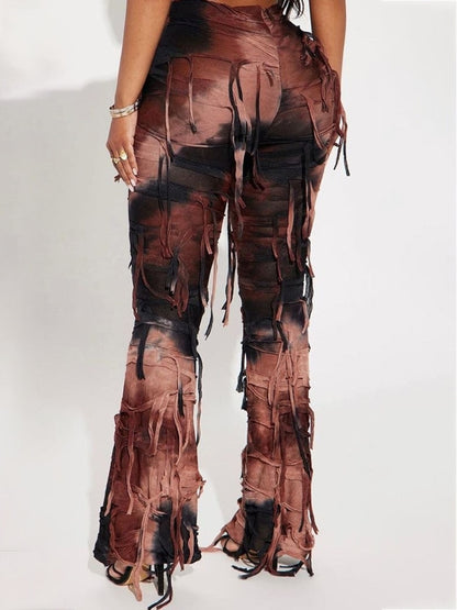 Fringe Lace-up Contract Color Slim Female Pants EMJP TRENDS