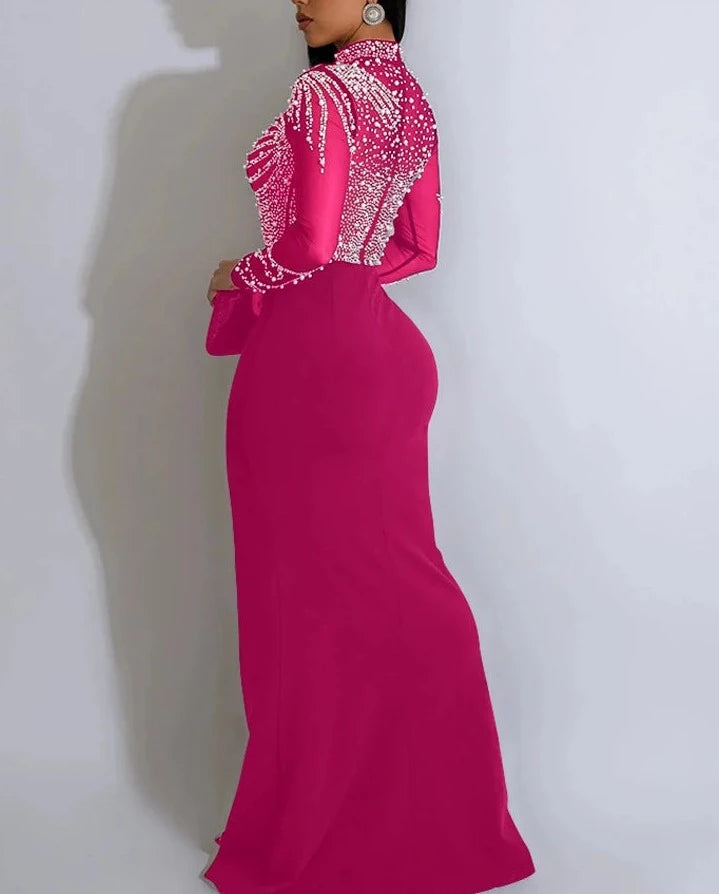 Crystal Pearls High Split Maxi Dress Women
