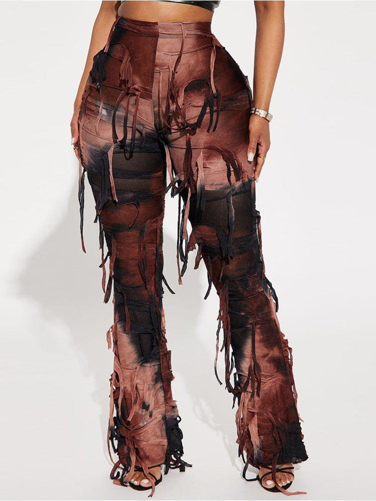Fringe Lace-up Contract Color Slim Female Pants EMJP TRENDS