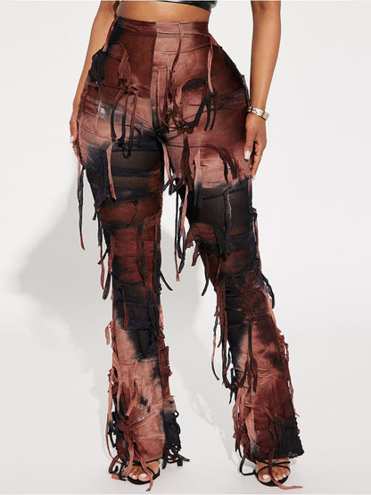 Fringe Lace-up Contract Color Slim Female Pants EMJP TRENDS