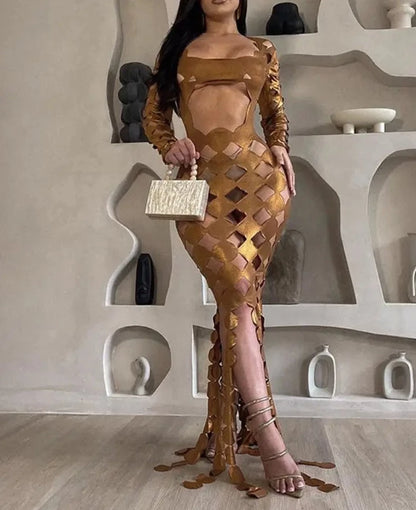 Metallic Shiny Solid Cut Out Maxi Dress