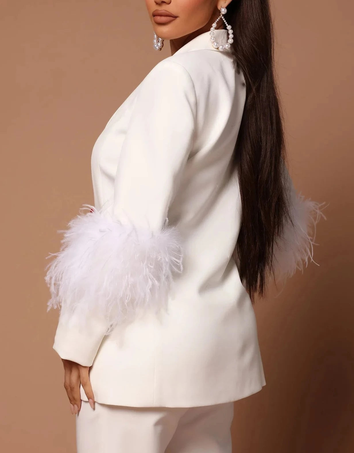 Fur Hem Long Sleeve Blazer Suit and Pants Suits