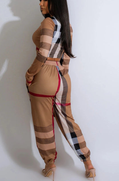 Plaid Print Crop Top + Pants  Sets