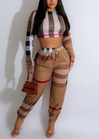 Plaid Print Crop Top + Pants  Sets