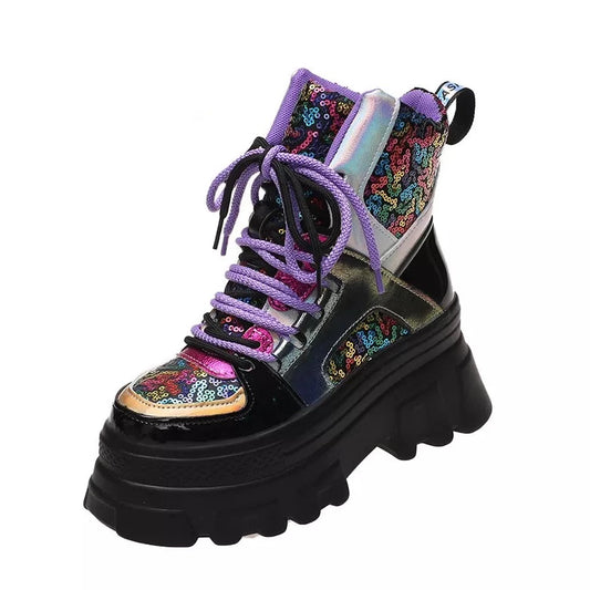 Women High Top Bling Sneakers Lace-up Boots