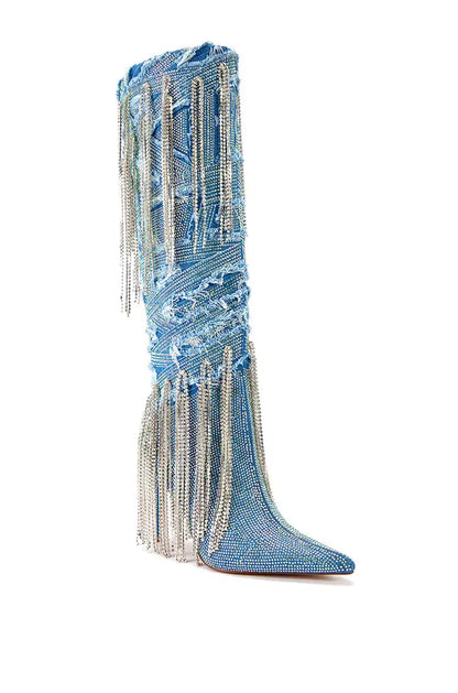 Thin Heels Long  Blue Denim Boots