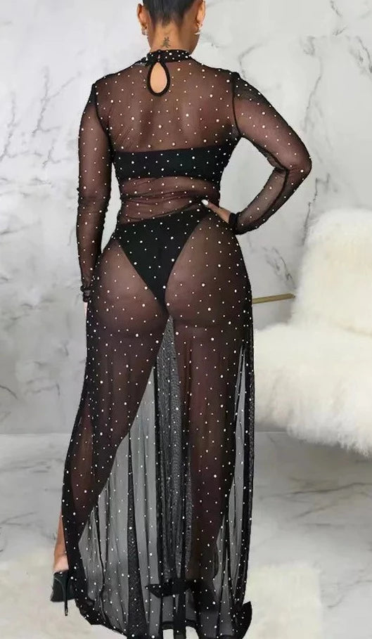 Solid Rhinestones O-neck  Maxi Dress