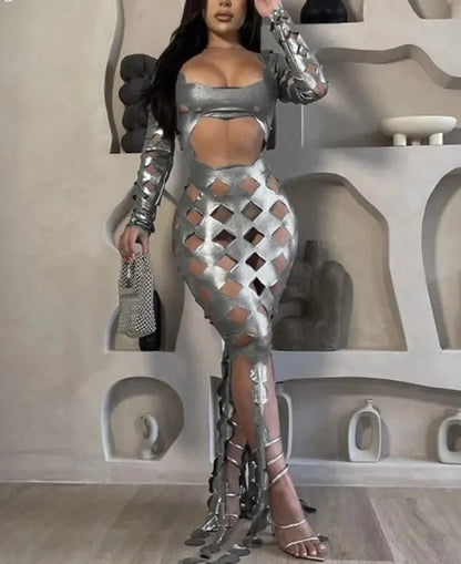 Metallic Shiny Solid Cut Out Maxi Dress