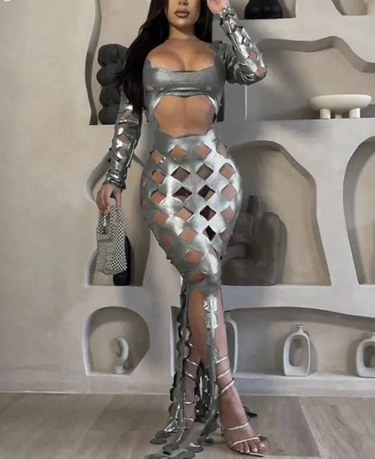 Metallic Shiny Solid Cut Out Maxi Dress