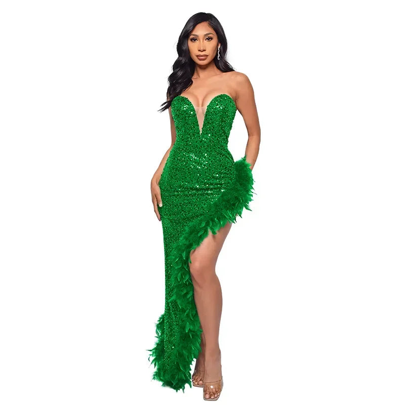 Off Shoulder Sequin Feather Dress
