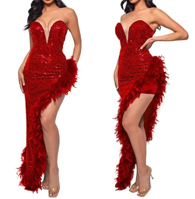 Off Shoulder Sequin Feather Dress
